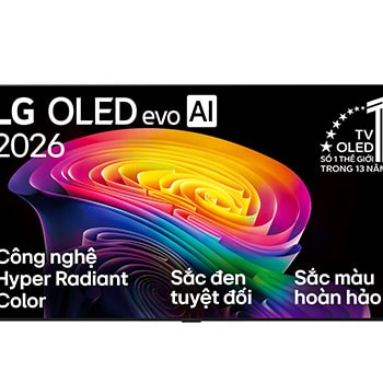 The front view of the LG OLED evo AI C6, released in 2026, displays an image of layered, multicolored forms, featuring Hyper Radiant Color Tech, Perfect Black & Perfect Color, along with the World’s No.1 OLED TV for 13 Years badge.